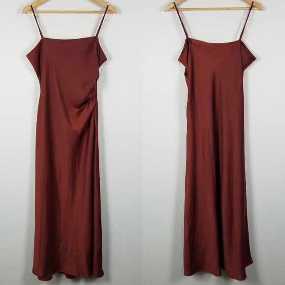 House Of Harlow 1960 Revolve Brown Satin Long Ruche Detail Side Slit Dress Sz XL - Picture 7 of 13